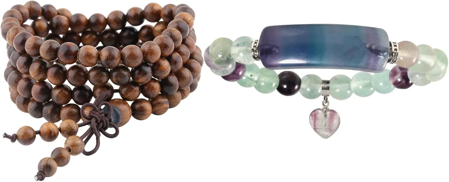 SUNYIK Pack of 2 Black Rosewood 108 Tibetan Buddhist Mala Bracelet & Fluorite Love Heart Stone Beads Bracelet