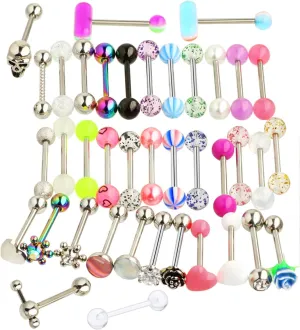 Suotarn 14G 39Pcs Stainless Steel Tongue Rings Straight Barbell Tongue Piercing Body Jewelry Acrylic Glow In Dark Clear Boiflex Tongue Bars Retainer For Women Men