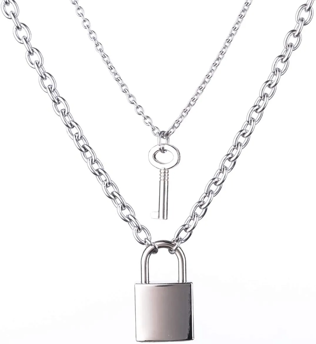 Tanyoyo Lock Key Pendant Necklace Statement Long Chain Punk Multilayer Choker Necklace for Women Men