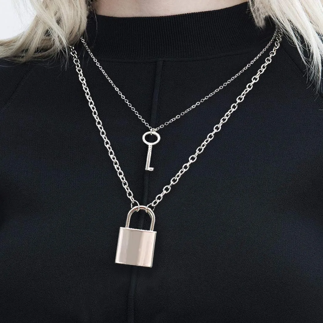 Tanyoyo Lock Key Pendant Necklace Statement Long Chain Punk Multilayer Choker Necklace for Women Men