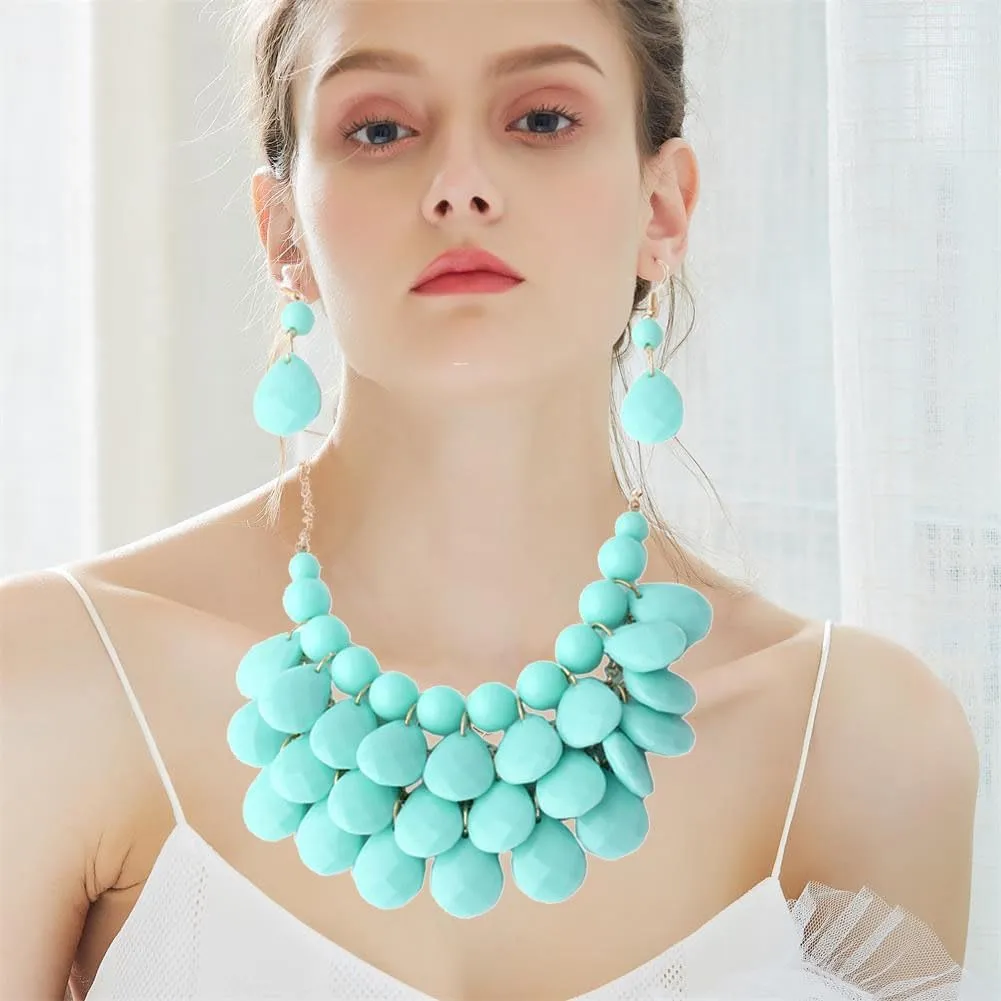 Teardrop Floating Statement Necklace Earrings Bubble Layer Chucky Rib Collor Necklace Resin Boho Wowmen Charm Fashion Jewerly Accessories Necklace Earring Set