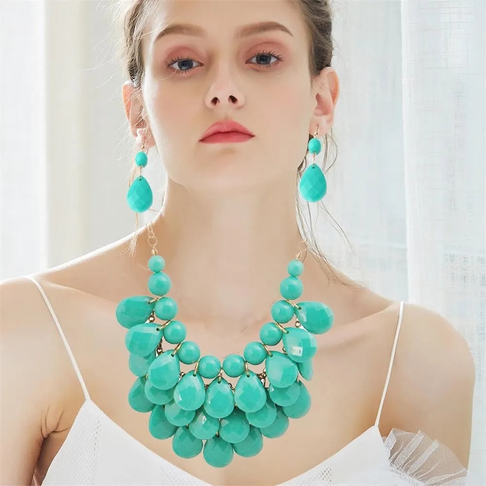 Teardrop Floating Statement Necklace Earrings Bubble Layer Chucky Rib Collor Necklace Resin Boho Wowmen Charm Fashion Jewerly Accessories Necklace Earring Set