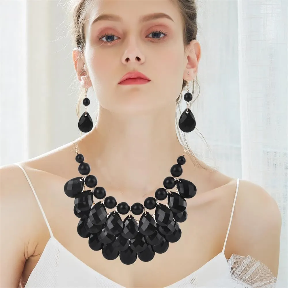 Teardrop Floating Statement Necklace Earrings Bubble Layer Chucky Rib Collor Necklace Resin Boho Wowmen Charm Fashion Jewerly Accessories Necklace Earring Set
