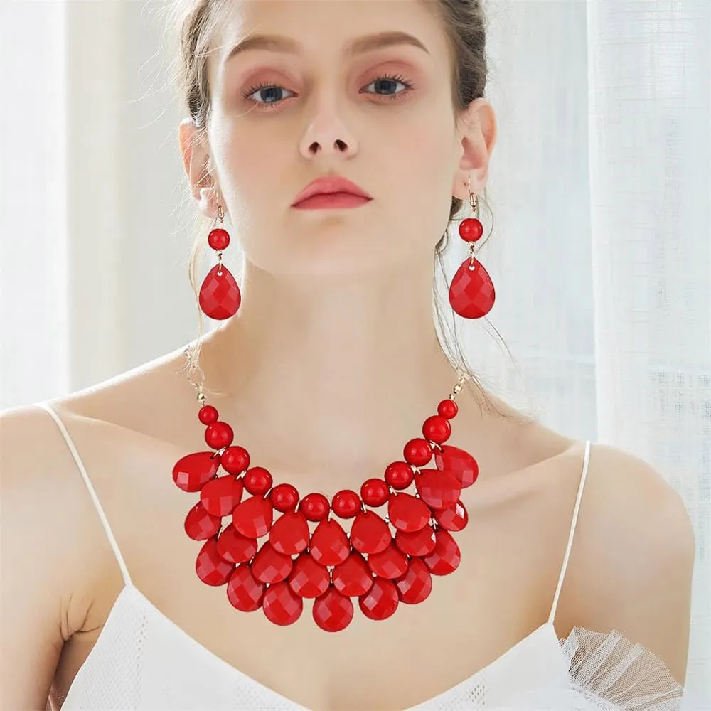 Teardrop Floating Statement Necklace Earrings Bubble Layer Chucky Rib Collor Necklace Resin Boho Wowmen Charm Fashion Jewerly Accessories Necklace Earring Set