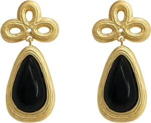 Teardrop Obsidian Dangle Earrings, Black and Gold Earrings Vintage Earrings Unique Cool Black Jewelry Gifts for Women