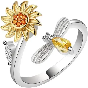 tenghong2021 Anxiety Ring Adjustable Open Sunflower Ring Spinner Ring Stress Relief Ring CZ Flower Stackable Rings for Women