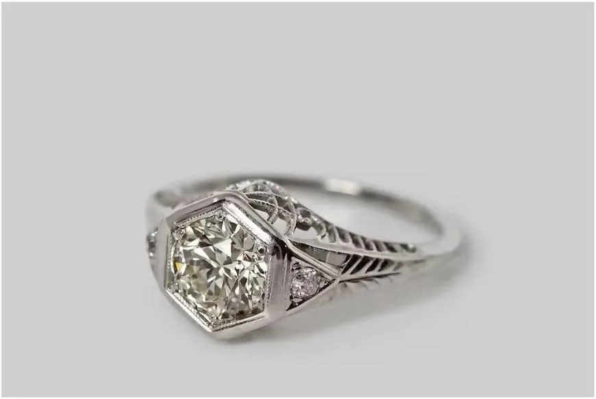 THEONECARATS 2 Ct Round Diamond Antique Style Filigree Milgrain Retro Engagement Rings 14K White Gold Plated Artistic Art Deco Victorian Jewelry 925 Sterling Silver Handmade Birthday Gift For Her