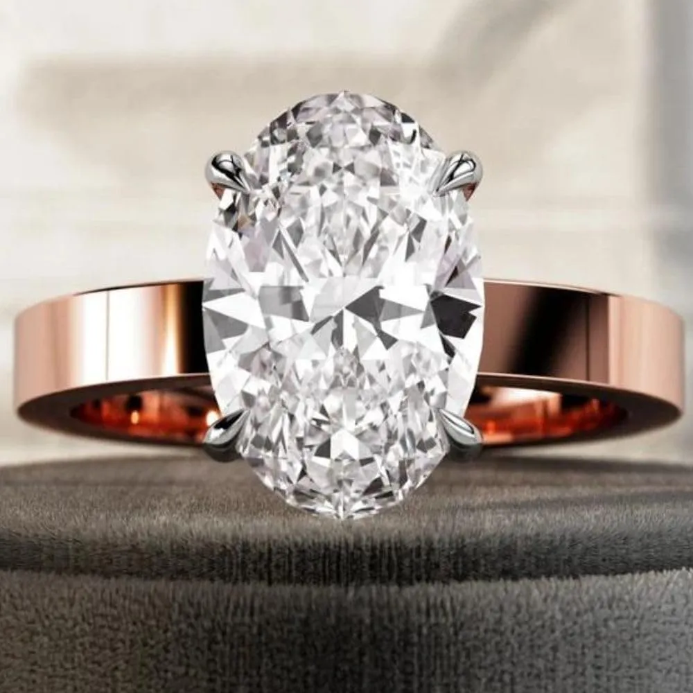 THEONECARATS 3 Ct Oval Cut Diamond Delicate Solitaire Cigar Thick Wedding Band Fancy Women Engagement Rings 14K Gold Plated Ring 925 Sterling Silver Handmade Anniversary Ring Gift For Her