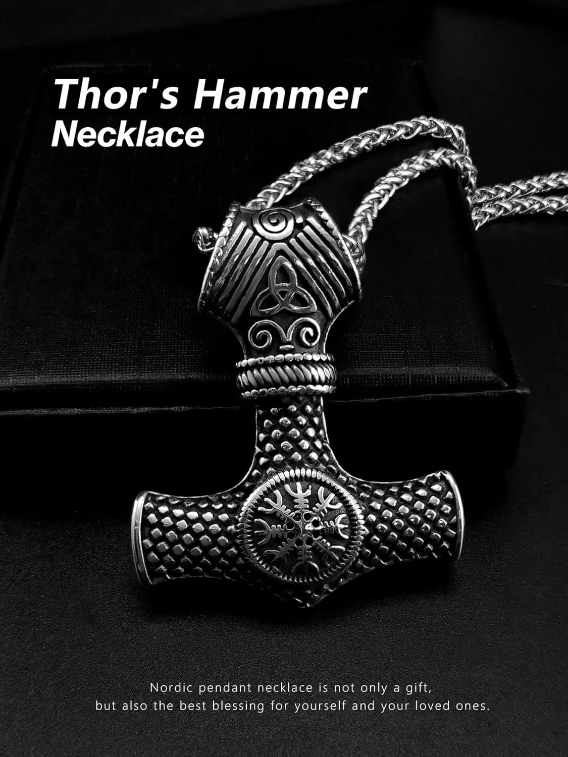 Thor Hammer Necklace for Men, 18K Gold/Black Stainless Steel Hammer Mjolnir Pendant Powerful Amulet Noridc Jewelry Gift for Viking Lover-Send Gift Box
