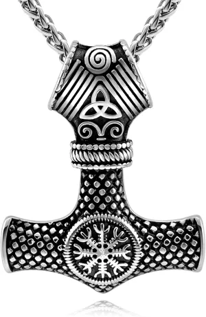Thor Hammer Necklace for Men, 18K Gold/Black Stainless Steel Hammer Mjolnir Pendant Powerful Amulet Noridc Jewelry Gift for Viking Lover-Send Gift Box
