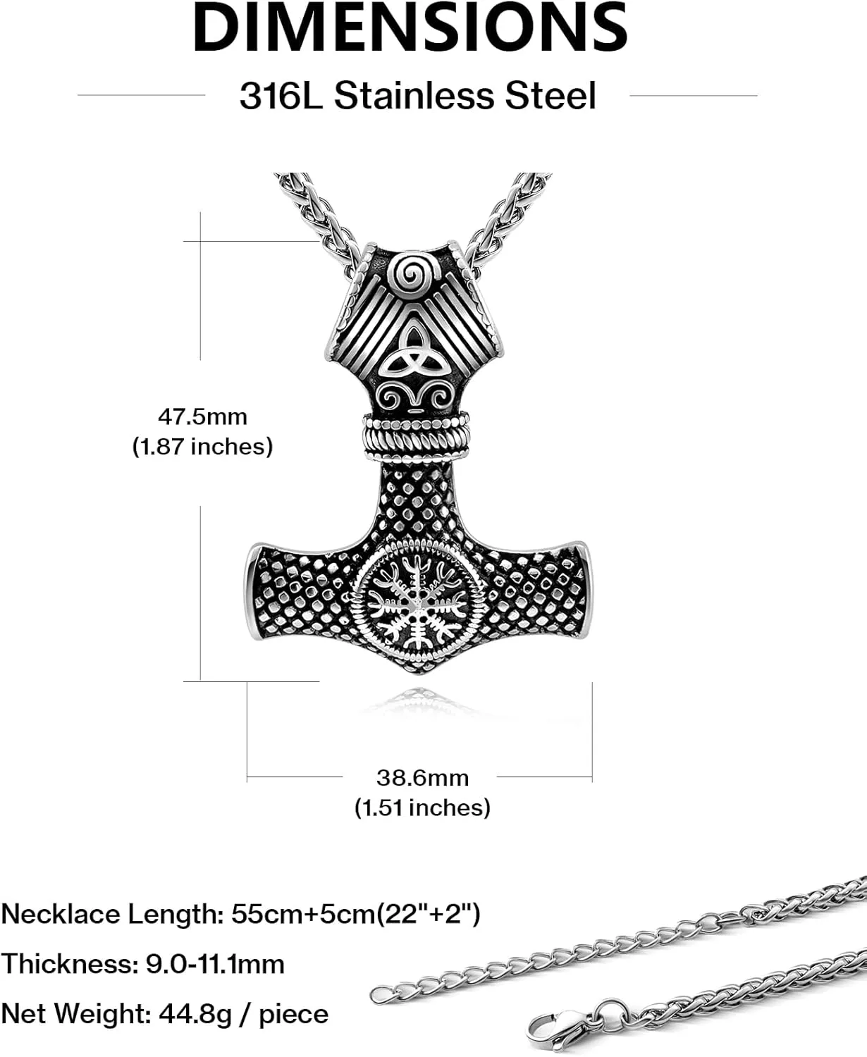 Thor Hammer Necklace for Men, 18K Gold/Black Stainless Steel Hammer Mjolnir Pendant Powerful Amulet Noridc Jewelry Gift for Viking Lover-Send Gift Box