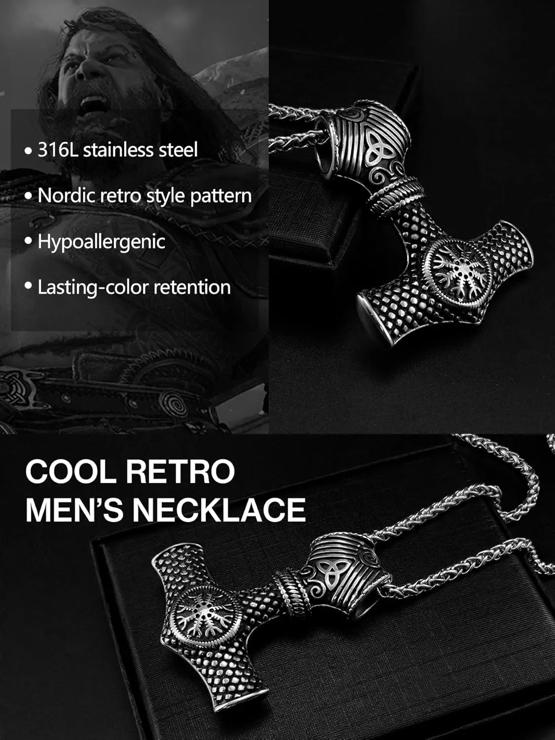Thor Hammer Necklace for Men, 18K Gold/Black Stainless Steel Hammer Mjolnir Pendant Powerful Amulet Noridc Jewelry Gift for Viking Lover-Send Gift Box