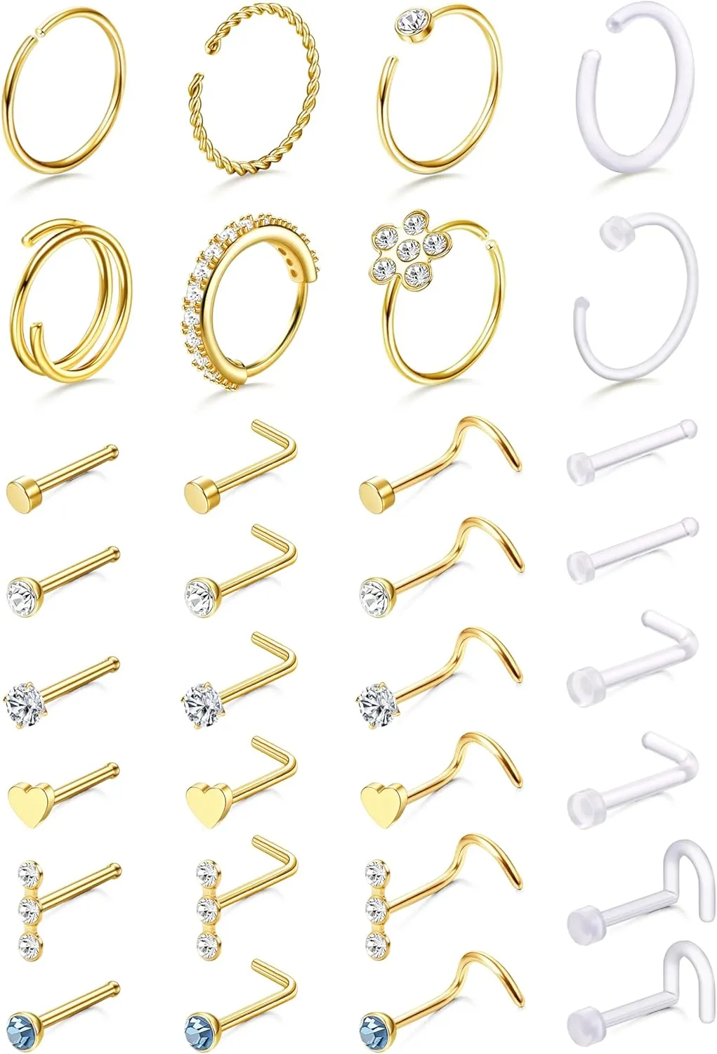 THUNARAZ 32 Pcs Nose Rings for Women Men - Hypoallergenic Surgical Stainless Steel Retainer Clear L Shape/Straight/Corkscrew Nose Rings Hoops Cartilage Helix Tragus Piercing Jewelry 18G/20G