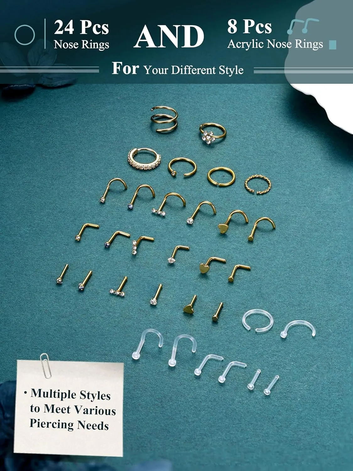 THUNARAZ 32 Pcs Nose Rings for Women Men - Hypoallergenic Surgical Stainless Steel Retainer Clear L Shape/Straight/Corkscrew Nose Rings Hoops Cartilage Helix Tragus Piercing Jewelry 18G/20G