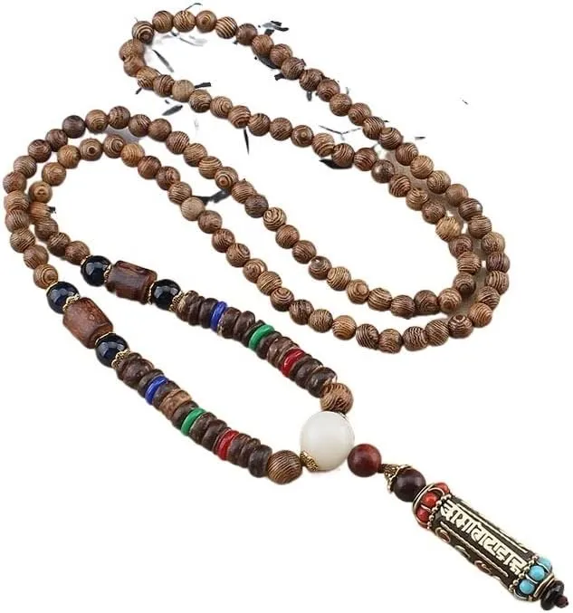 Tibetan Buddhist Handmade Simple Rope Chain Mantra Sign Six Words Pendant Necklace Buddhism Three Eyes Dzi Beads Amulet Necklace (Color : Style2)