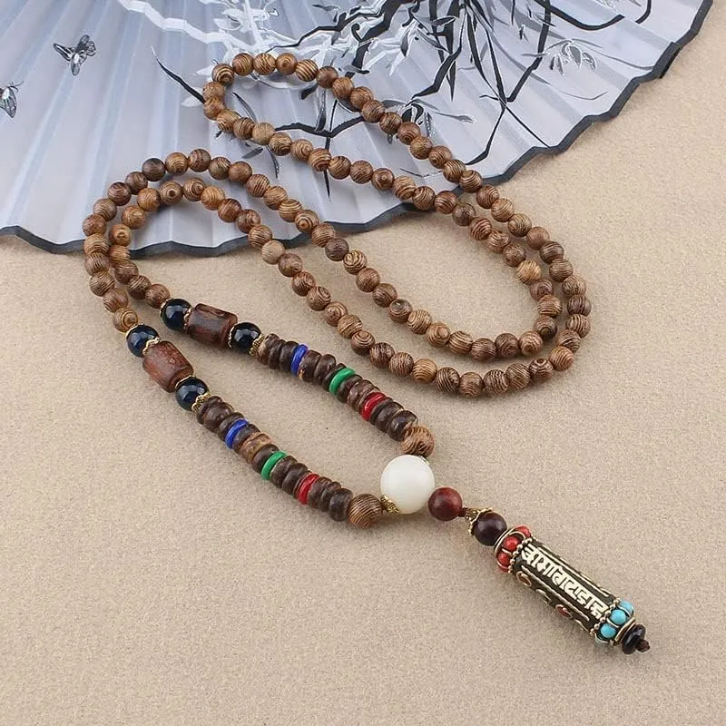 Tibetan Buddhist Handmade Simple Rope Chain Mantra Sign Six Words Pendant Necklace Buddhism Three Eyes Dzi Beads Amulet Necklace (Color : Style2)