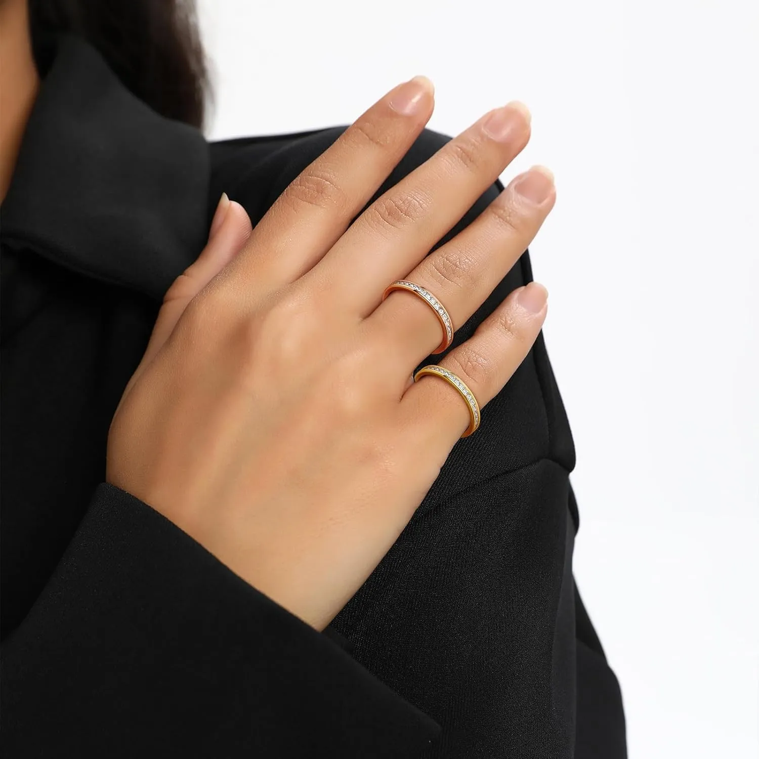 TIKJE 4 Rings Set For Women, 18k Yellow/White Gold/Rose Gold/Black Plated Rings - Cubic Zirconias Band Ring, Eternity Promise Ring For Her Engagement Ring Wedding Band Size 5-12