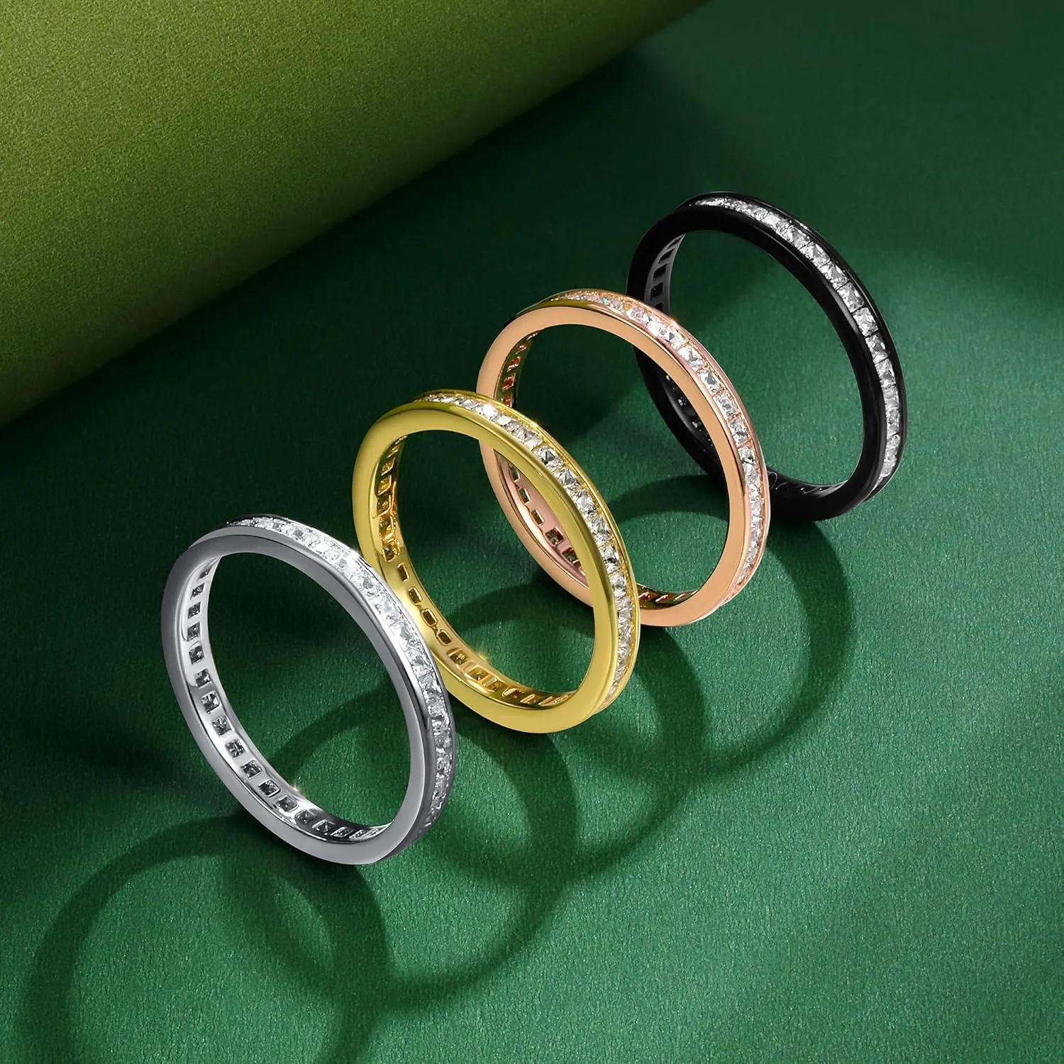 TIKJE 4 Rings Set For Women, 18k Yellow/White Gold/Rose Gold/Black Plated Rings - Cubic Zirconias Band Ring, Eternity Promise Ring For Her Engagement Ring Wedding Band Size 5-12