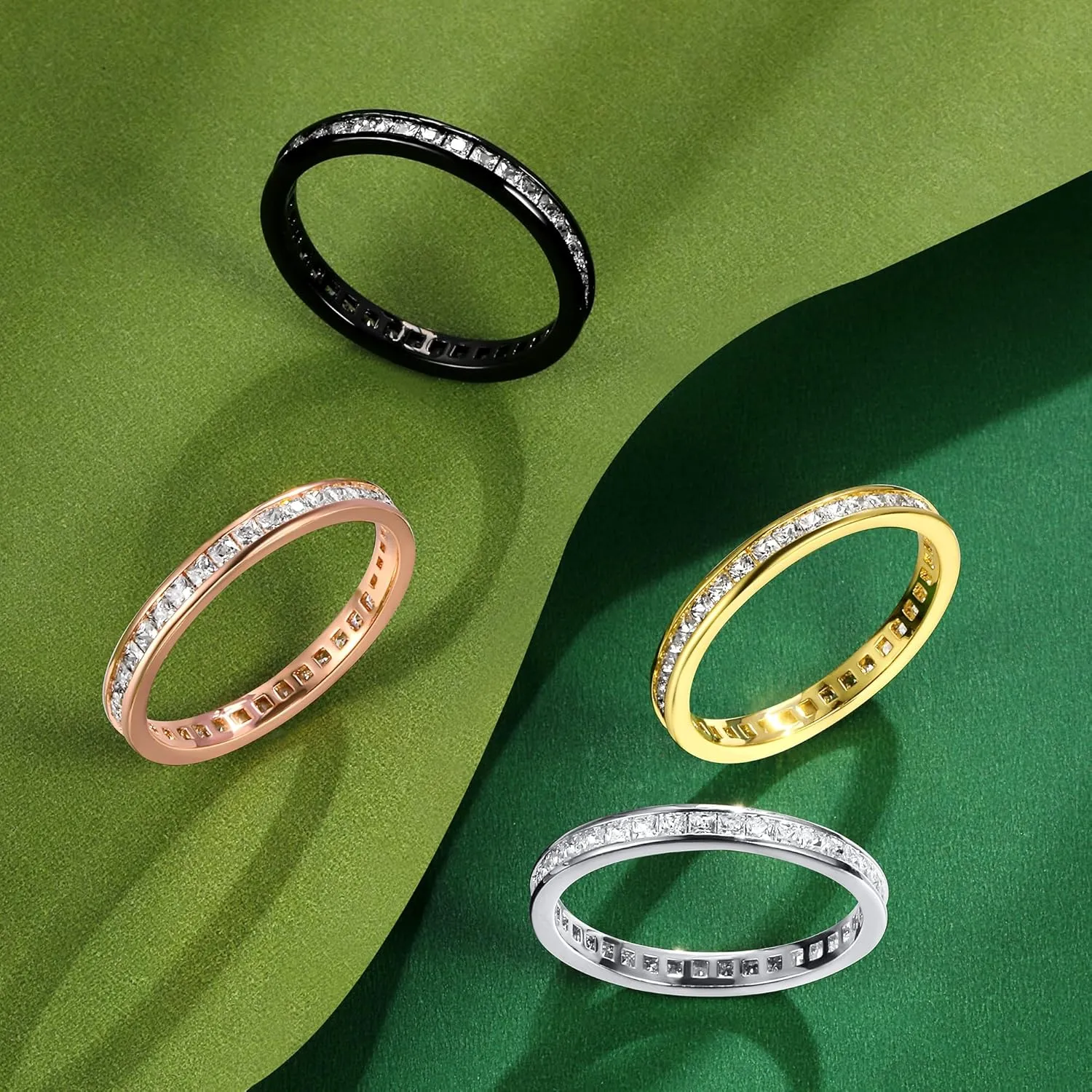 TIKJE 4 Rings Set For Women, 18k Yellow/White Gold/Rose Gold/Black Plated Rings - Cubic Zirconias Band Ring, Eternity Promise Ring For Her Engagement Ring Wedding Band Size 5-12