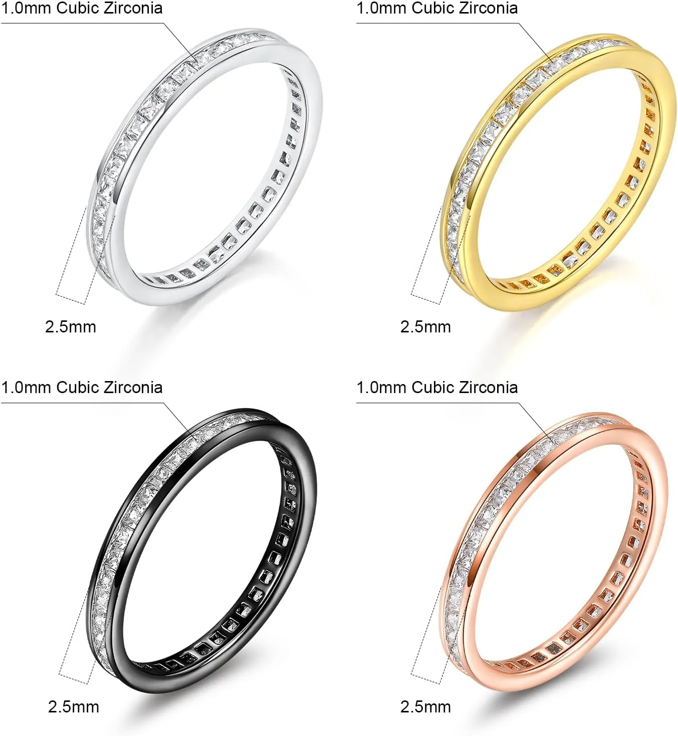 TIKJE 4 Rings Set For Women, 18k Yellow/White Gold/Rose Gold/Black Plated Rings - Cubic Zirconias Band Ring, Eternity Promise Ring For Her Engagement Ring Wedding Band Size 5-12