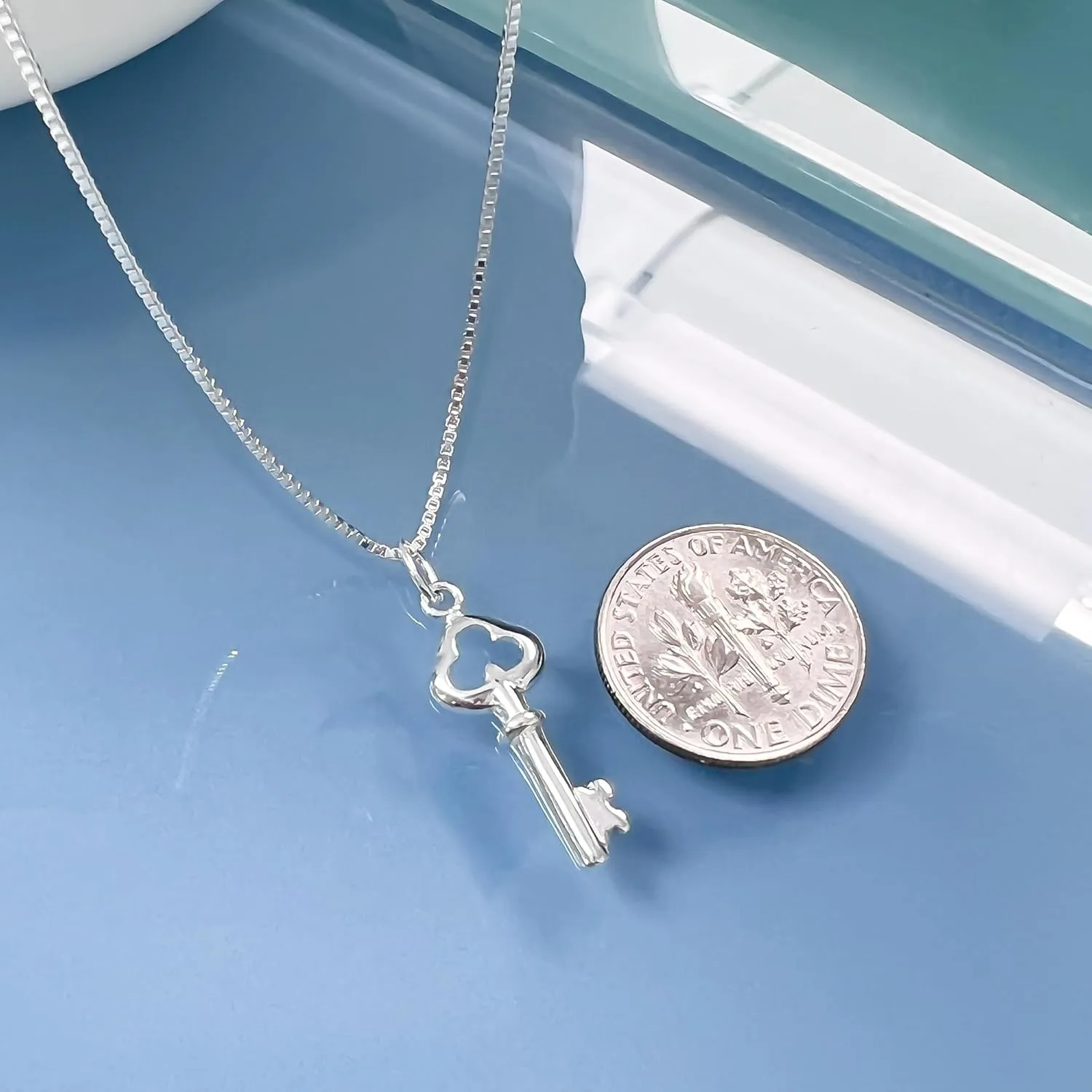Tiny Delicate and Dainty Sterling Silver Key Necklace for Women, Girlfriend Birthday Gift Necklace, Daughter Graduation Gift, Wife Anniversary Necklace (18 inches)