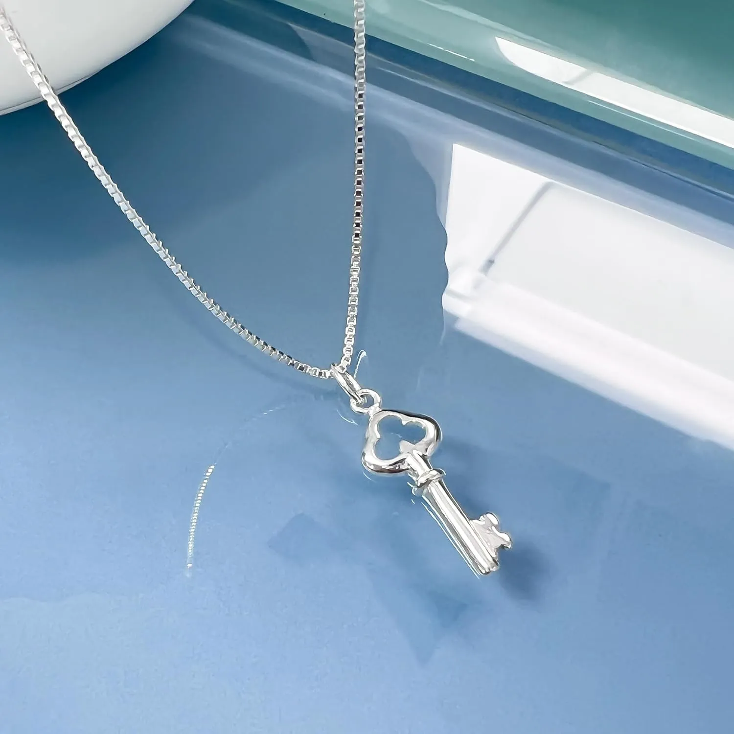 Tiny Delicate and Dainty Sterling Silver Key Necklace for Women, Girlfriend Birthday Gift Necklace, Daughter Graduation Gift, Wife Anniversary Necklace (18 inches)