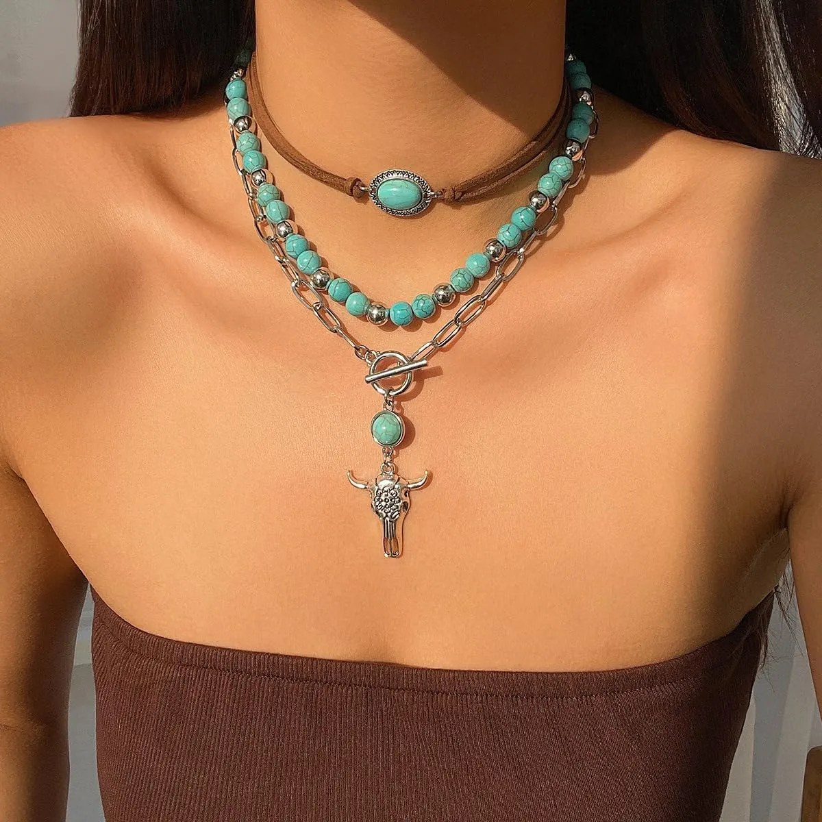 Todu 3PCS Boho Western Necklace for Women Turquoise Beaded Cactus Horseshoe Chunky Layered Stack Pendant Necklace Western Country Concert Jewelry for Cowgirl Cowboy