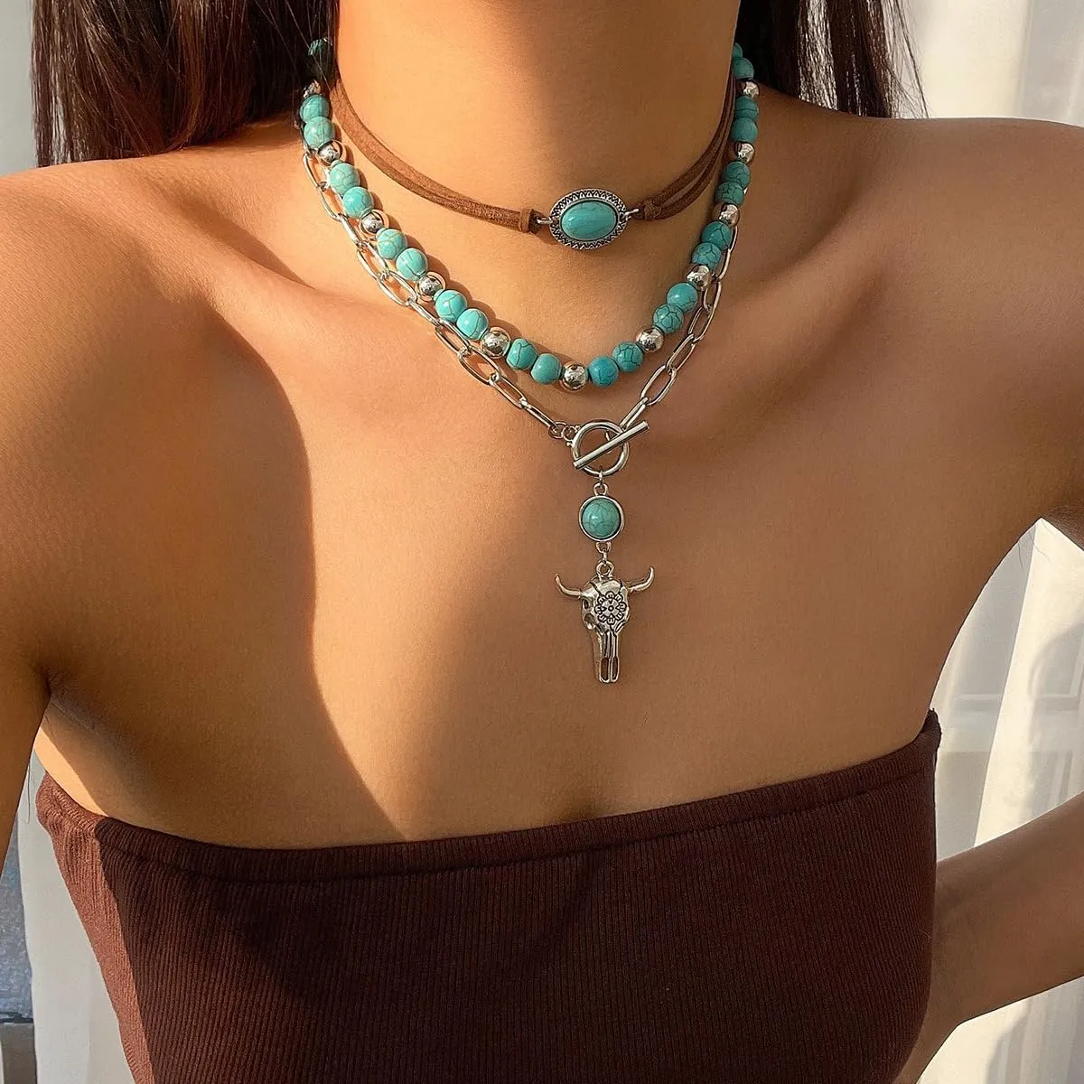 Todu 3PCS Boho Western Necklace for Women Turquoise Beaded Cactus Horseshoe Chunky Layered Stack Pendant Necklace Western Country Concert Jewelry for Cowgirl Cowboy