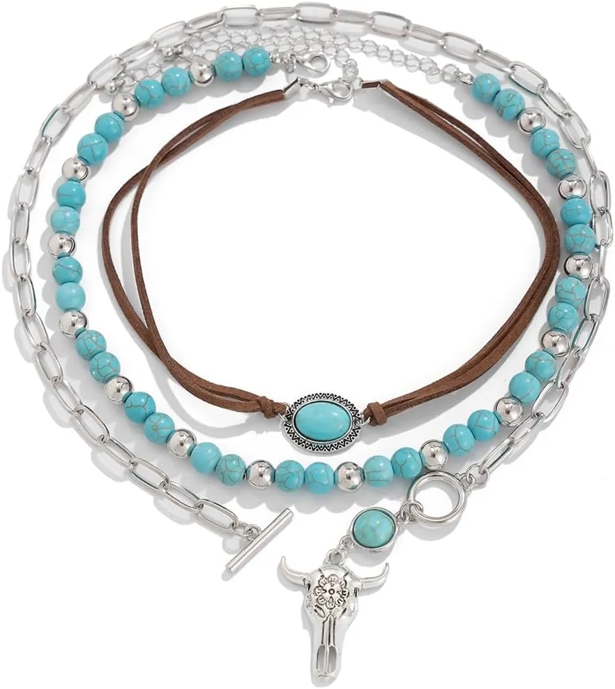 Todu 3PCS Boho Western Necklace for Women Turquoise Beaded Cactus Horseshoe Chunky Layered Stack Pendant Necklace Western Country Concert Jewelry for Cowgirl Cowboy