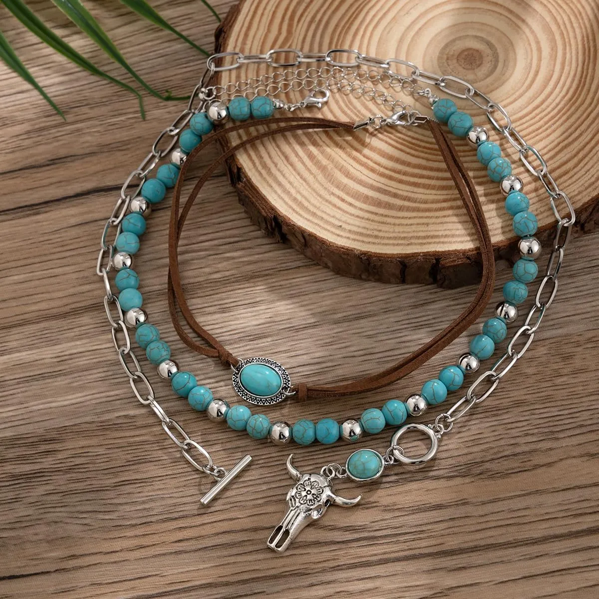 Todu 3PCS Boho Western Necklace for Women Turquoise Beaded Cactus Horseshoe Chunky Layered Stack Pendant Necklace Western Country Concert Jewelry for Cowgirl Cowboy