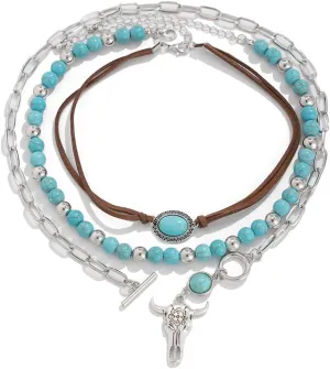 Todu 3PCS Boho Western Necklace for Women Turquoise Beaded Cactus Horseshoe Chunky Layered Stack Pendant Necklace Western Country Concert Jewelry for Cowgirl Cowboy
