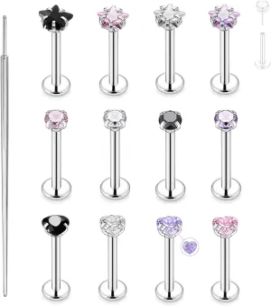Top Push in Threadless 316L Surgical Steel Flat Back Stud for Nose Heart,Round,Star CZ Lip Stud Bone Studs Nose Piercing Jewelry for Women Men
