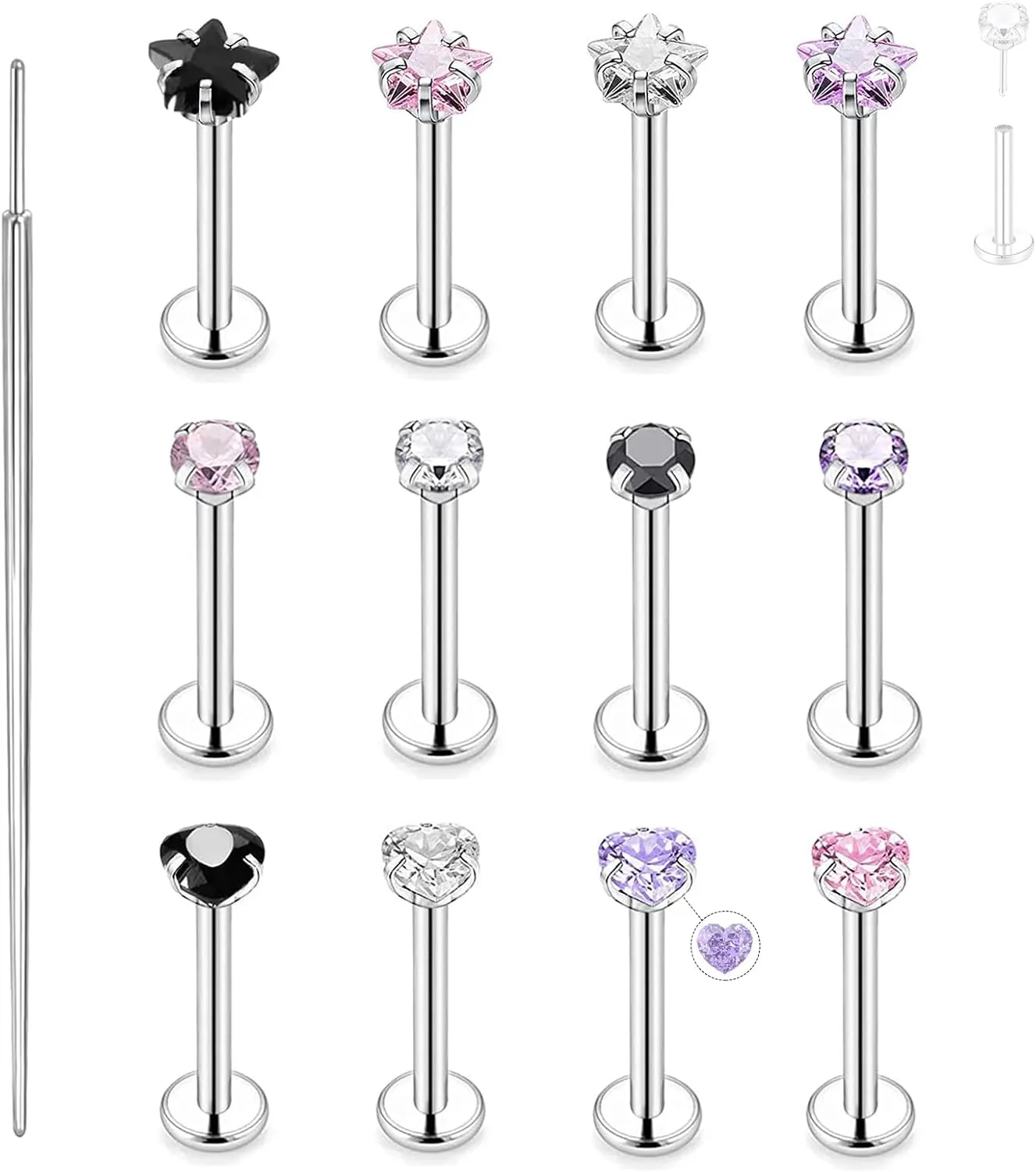 Top Push in Threadless 316L Surgical Steel Flat Back Stud for Nose Heart,Round,Star CZ Lip Stud Bone Studs Nose Piercing Jewelry for Women Men