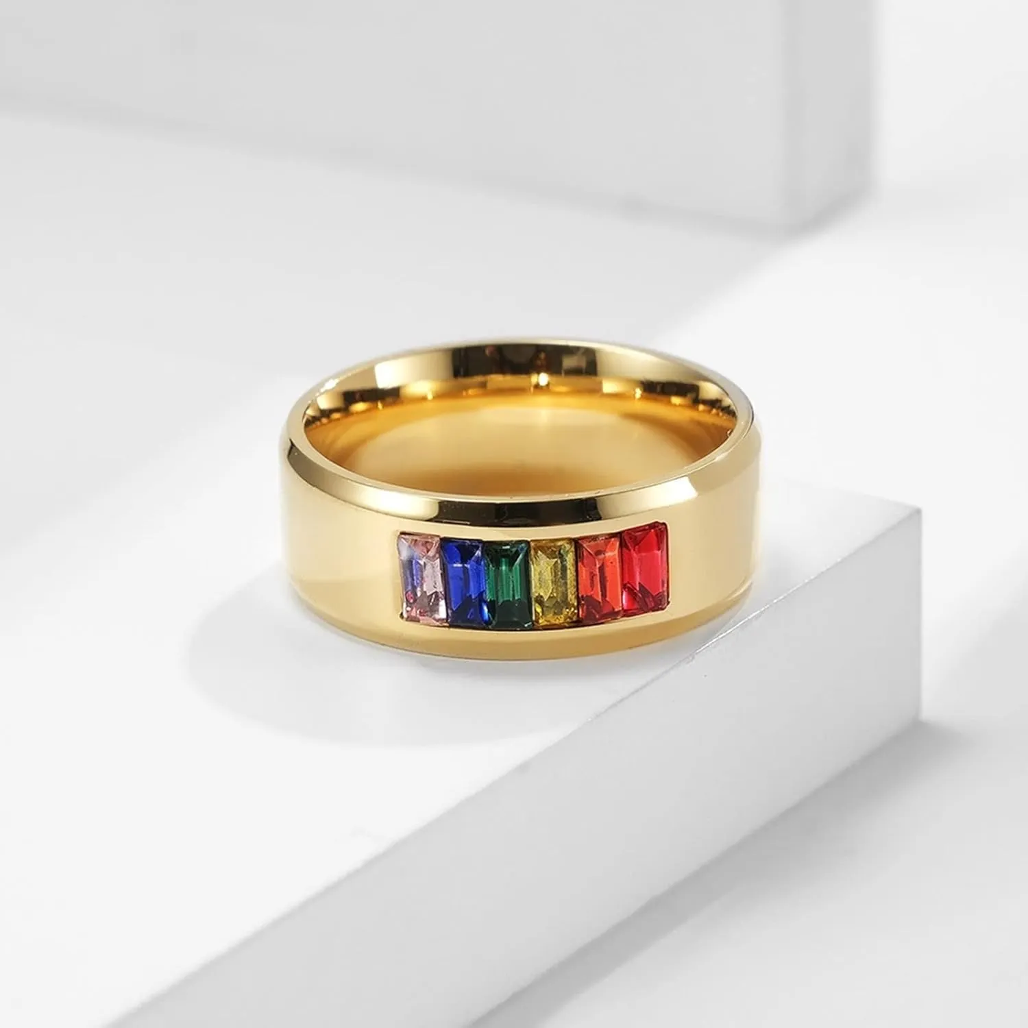 Trendy Rings for Women, Mens Stainless Steel Rings Gold LGBT Ring with Rainbow Zirconia Men's and Women's Fashion Rings
