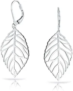 Tribal Boho Lightweight Nature Open Drop Leaf Dangle Earrings Western Jewelry For Women Teens .925 Sterling Silver Lever Back