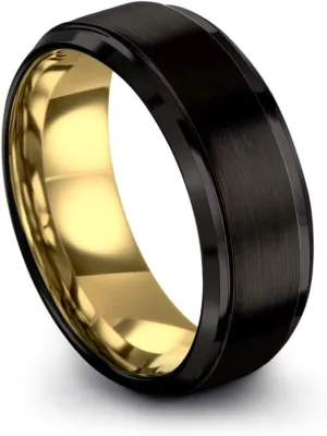 Tungsten Wedding Band Ring 8mm for Men Women 18k Rose Yellow Gold Plated Step Bevel Edge Black Brushed Polished