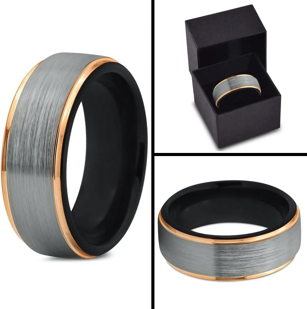 Tungsten Wedding Band Ring 8mm for Men Women 18k Yellow Gold Plated Step Edge Black Brushed Polished