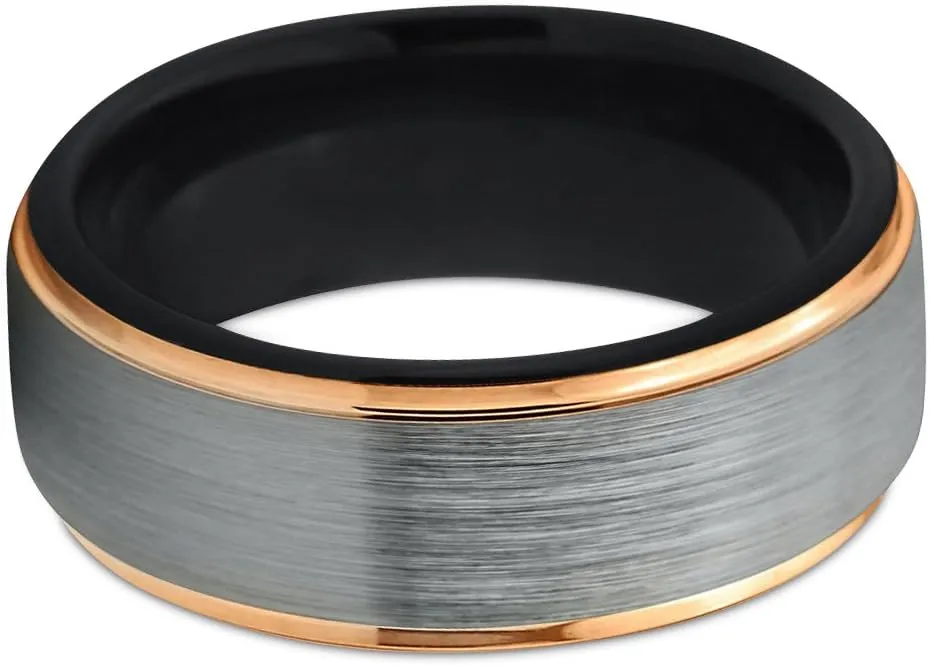 Tungsten Wedding Band Ring 8mm for Men Women 18k Yellow Gold Plated Step Edge Black Brushed Polished