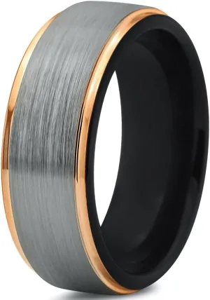 Tungsten Wedding Band Ring 8mm for Men Women 18k Yellow Gold Plated Step Edge Black Brushed Polished