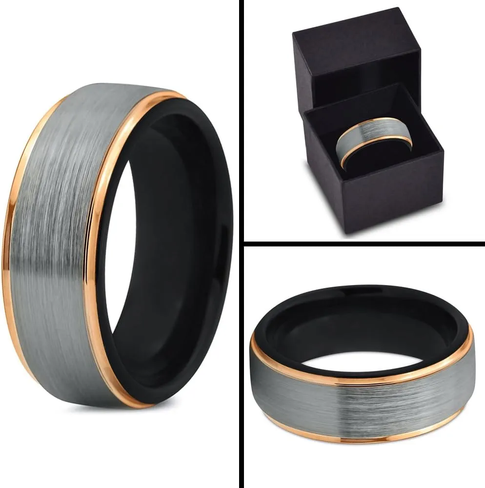 Tungsten Wedding Band Ring 8mm for Men Women 18k Yellow Gold Plated Step Edge Black Brushed Polished