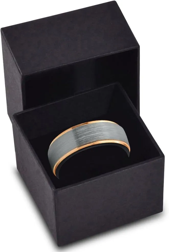 Tungsten Wedding Band Ring 8mm for Men Women 18k Yellow Gold Plated Step Edge Black Brushed Polished