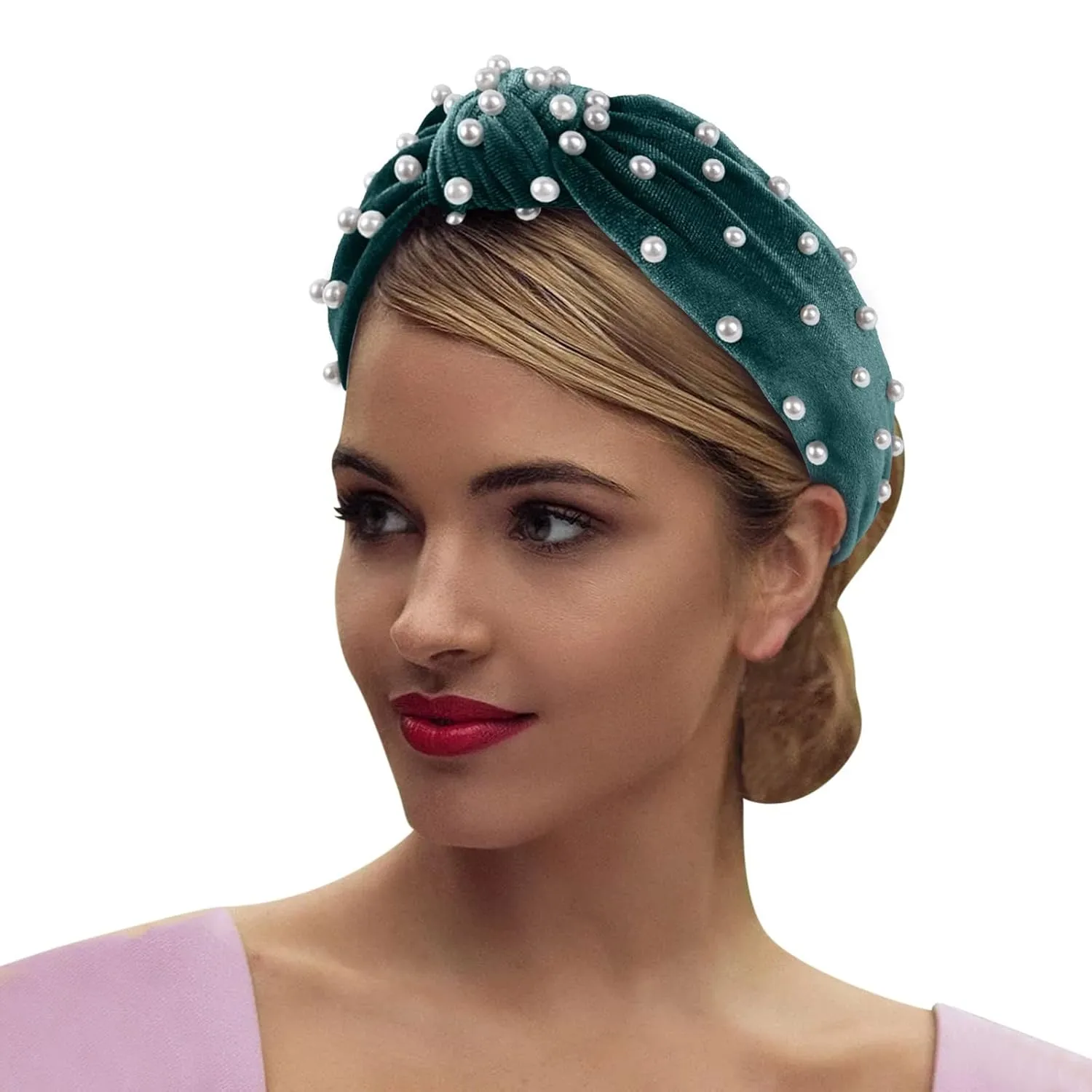 Turban Headbands for Women Pearls Knotted Head Bands Elastic Rhinestone Hair Bands Wedding Hair Accessories