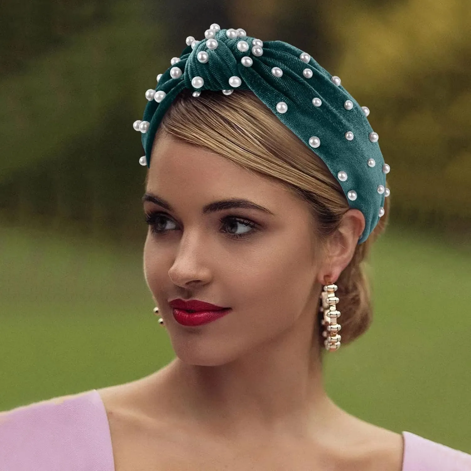 Turban Headbands for Women Pearls Knotted Head Bands Elastic Rhinestone Hair Bands Wedding Hair Accessories