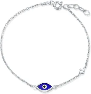 Turkish Dainty Delicate Spiritual Protection Amulet Station Chain Link Greek Motif Evil Eye Blue Evil Eye Charm Bracelet For Women Teens .925 Sterling Silver 6.5, 7, 7.5 Inch
