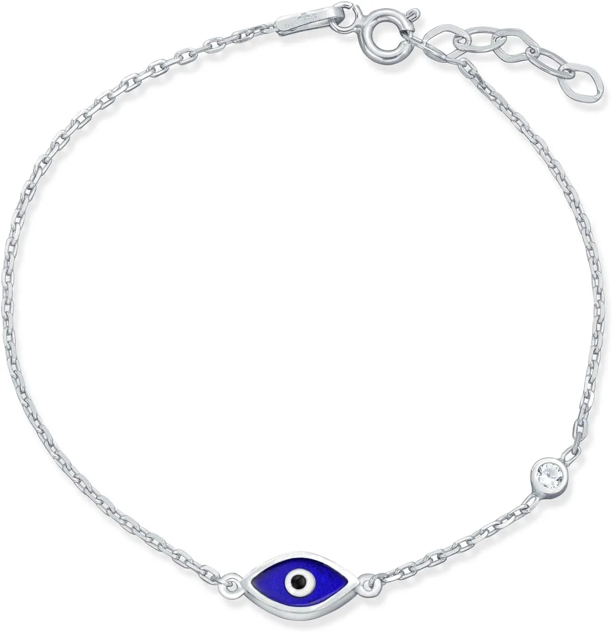 Turkish Dainty Delicate Spiritual Protection Amulet Station Chain Link Greek Motif Evil Eye Blue Evil Eye Charm Bracelet For Women Teens .925 Sterling Silver 6.5, 7, 7.5 Inch