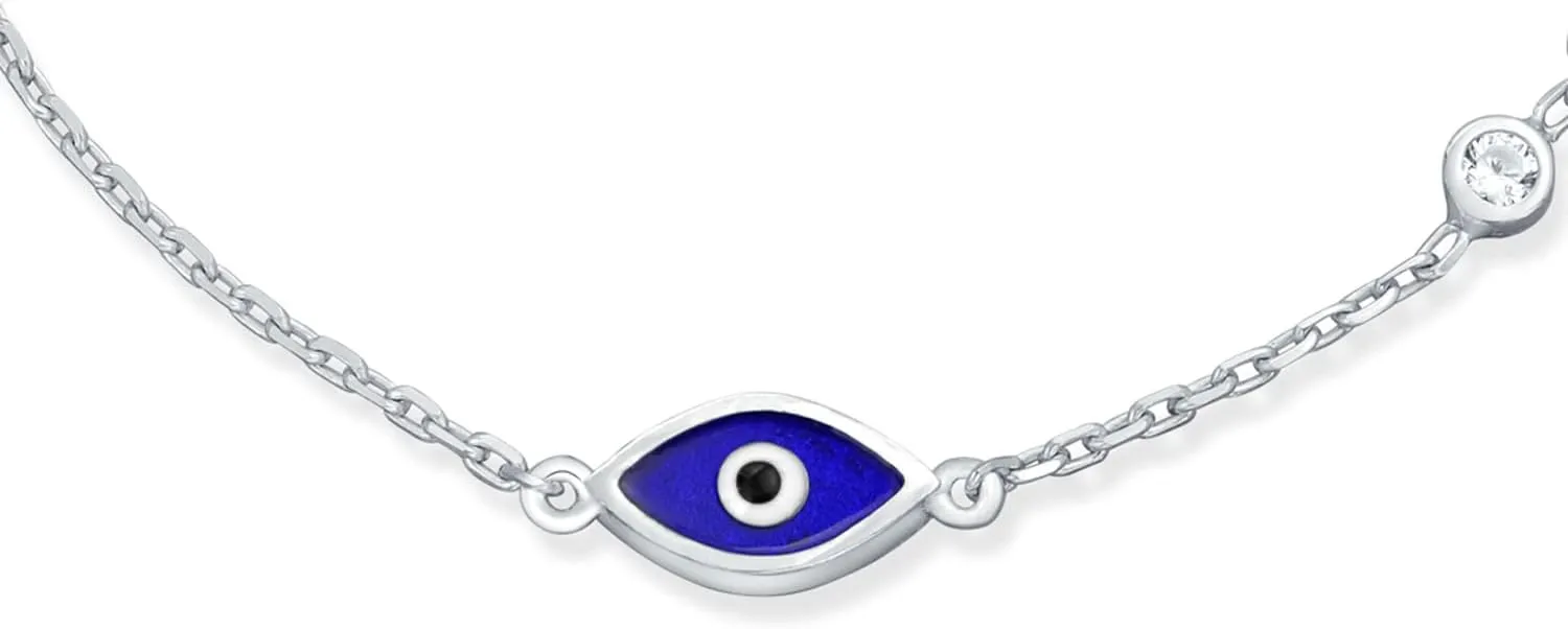 Turkish Dainty Delicate Spiritual Protection Amulet Station Chain Link Greek Motif Evil Eye Blue Evil Eye Charm Bracelet For Women Teens .925 Sterling Silver 6.5, 7, 7.5 Inch