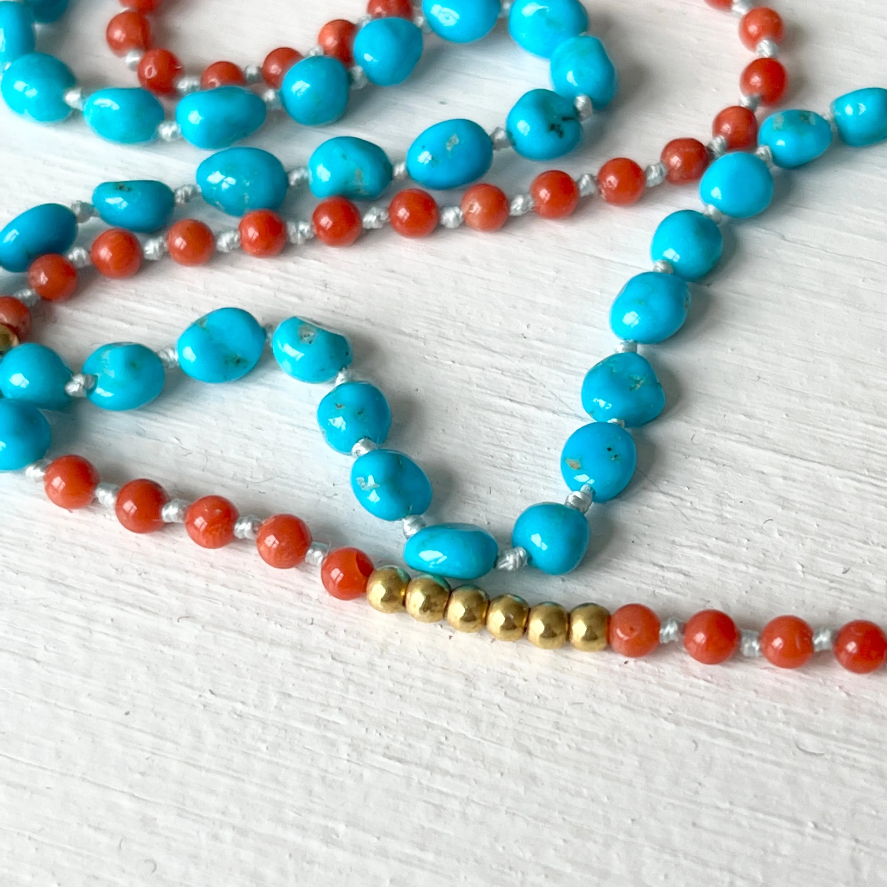 Turquoise, Coral and 18K Gold Hand Knotted Necklace - Lovely