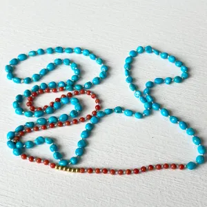 Turquoise, Coral and 18K Gold Hand Knotted Necklace - Lovely