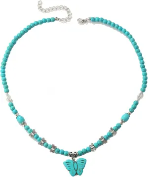 Turquoise Necklace, Boho Long Beaded Necklace with Vintage Ethnic Bohemian Turquoise Pendant - Statement Western Jewelry Gifts for Women