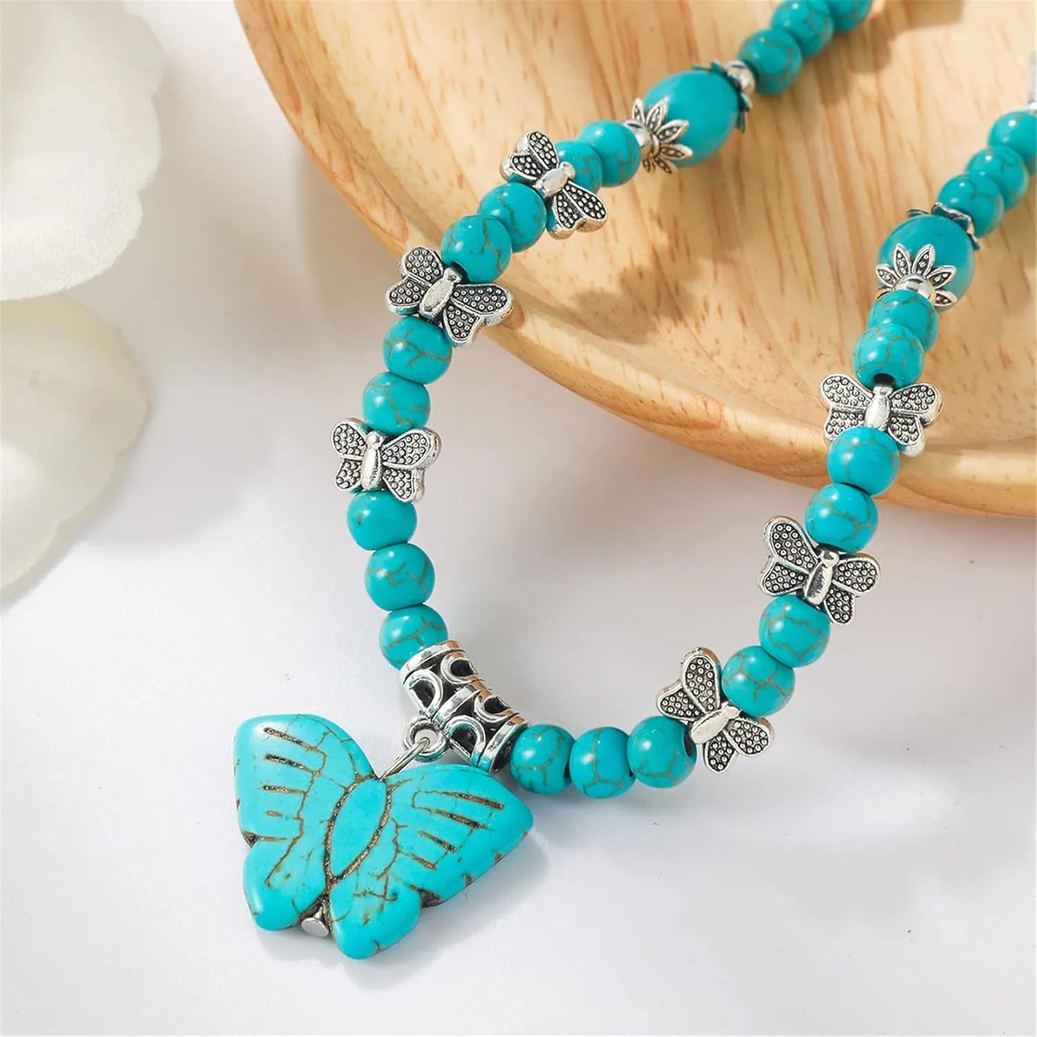 Turquoise Necklace, Boho Long Beaded Necklace with Vintage Ethnic Bohemian Turquoise Pendant - Statement Western Jewelry Gifts for Women
